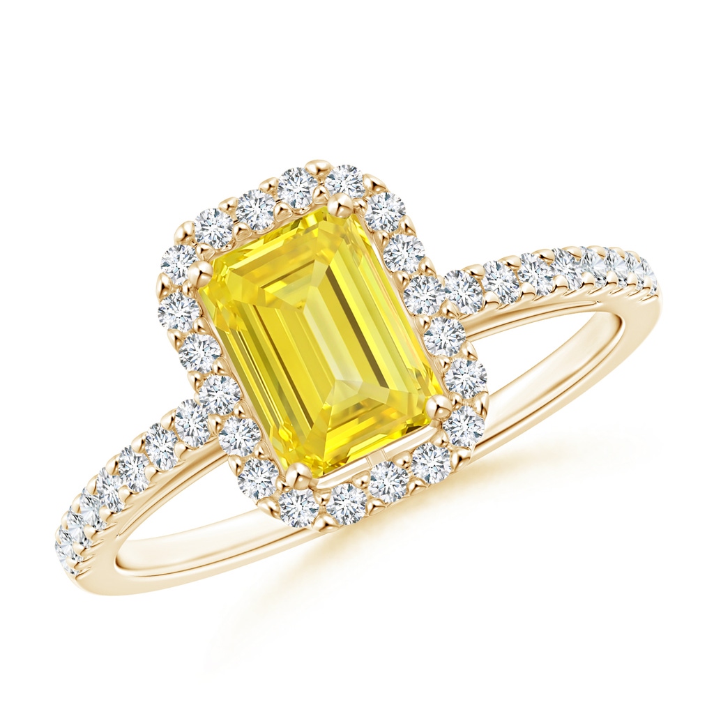 5x3mm AAAA Emerald-Cut Fancy Intense Yellow Diamond Halo Ring in Yellow Gold