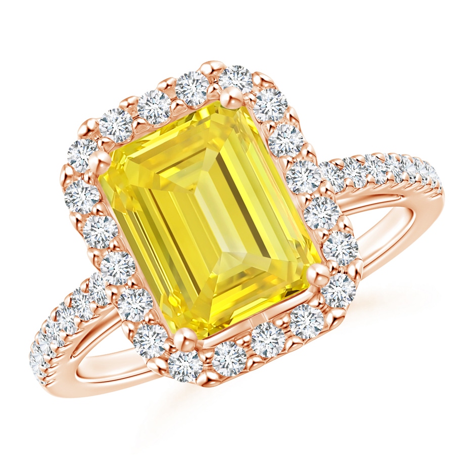 7x5mm AAAA Emerald-Cut Fancy Intense Yellow Diamond Halo Ring in 9K Rose Gold 