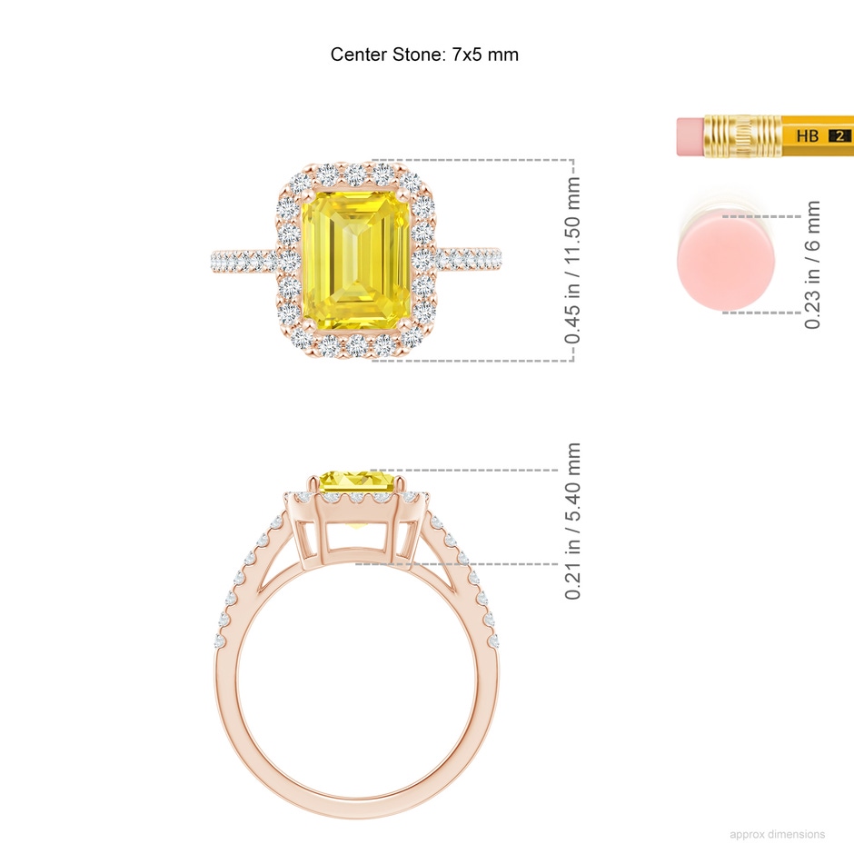 7x5mm AAAA Emerald-Cut Fancy Intense Yellow Diamond Halo Ring in 9K Rose Gold ruler