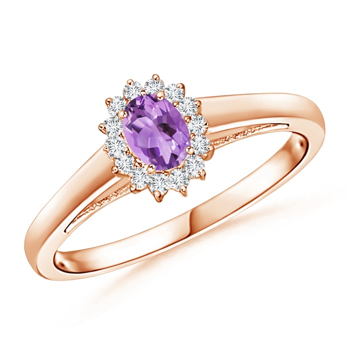 5x3mm A Princess Diana Inspired Amethyst Ring with Diamond Halo in 9K Rose Gold 