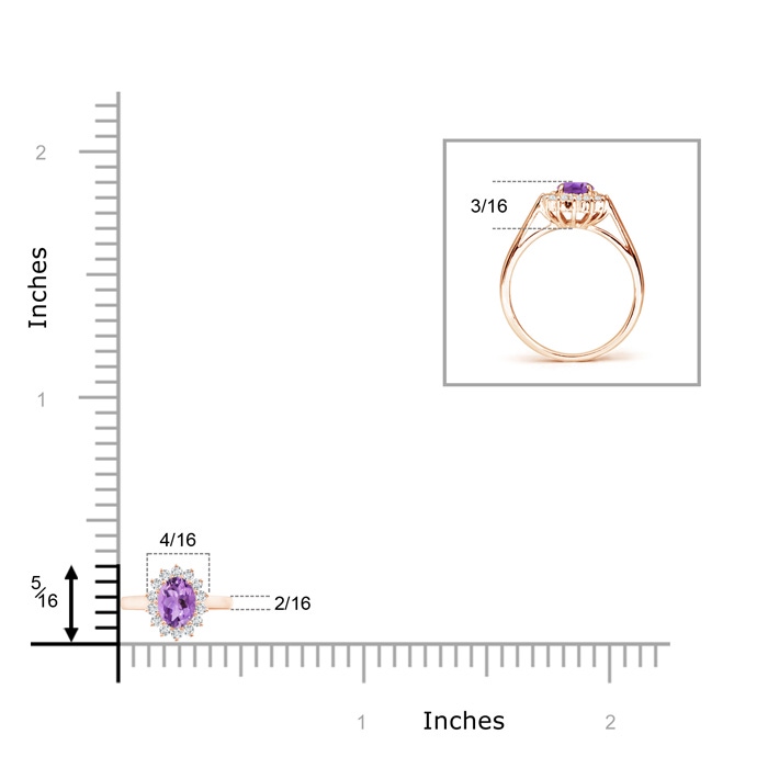 5x3mm A Princess Diana Inspired Amethyst Ring with Diamond Halo in Rose Gold ruler