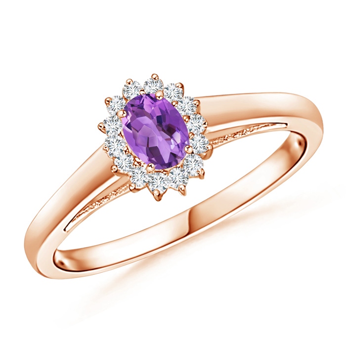 5x3mm AA Princess Diana Inspired Amethyst Ring with Diamond Halo in Rose Gold 