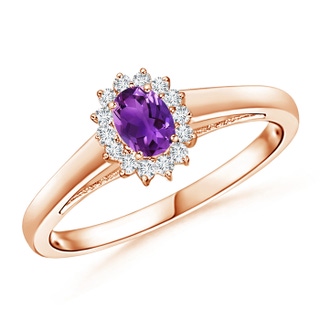 5x3mm AAAA Princess Diana Inspired Amethyst Ring with Diamond Halo in 10K Rose Gold