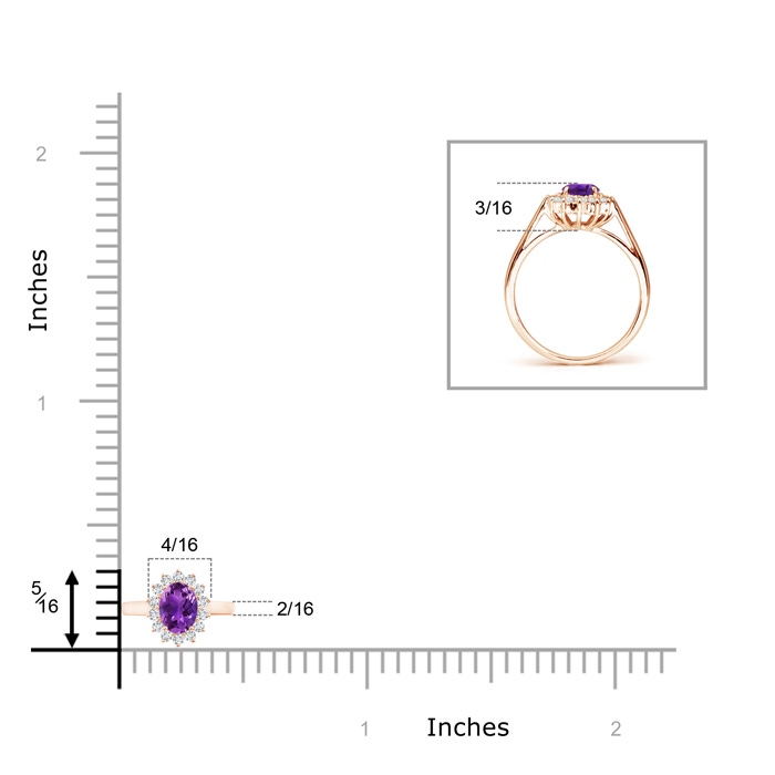 5x3mm AAAA Princess Diana Inspired Amethyst Ring with Diamond Halo in 9K Rose Gold ruler