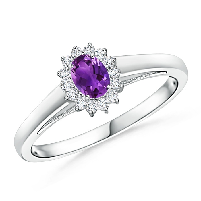 5x3mm AAAA Princess Diana Inspired Amethyst Ring with Diamond Halo in White Gold
