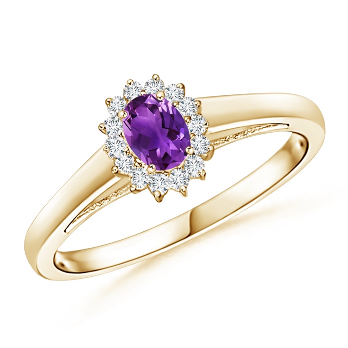 5x3mm AAAA Princess Diana Inspired Amethyst Ring with Diamond Halo in Yellow Gold