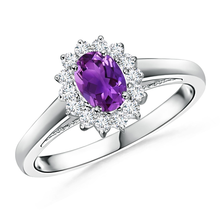 6x4mm AAAA Princess Diana Inspired Amethyst Ring with Diamond Halo in P950 Platinum 