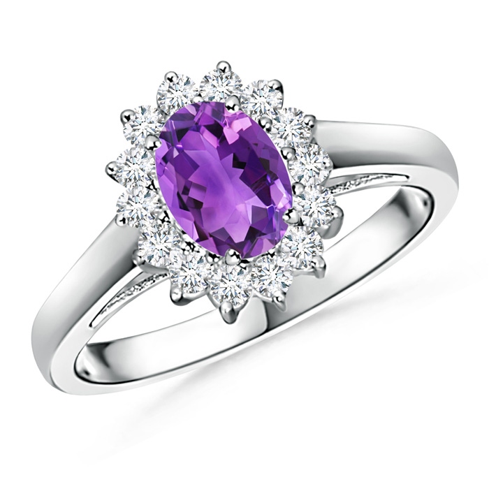 7x5mm AAA Princess Diana Inspired Amethyst Ring with Diamond Halo in White Gold 