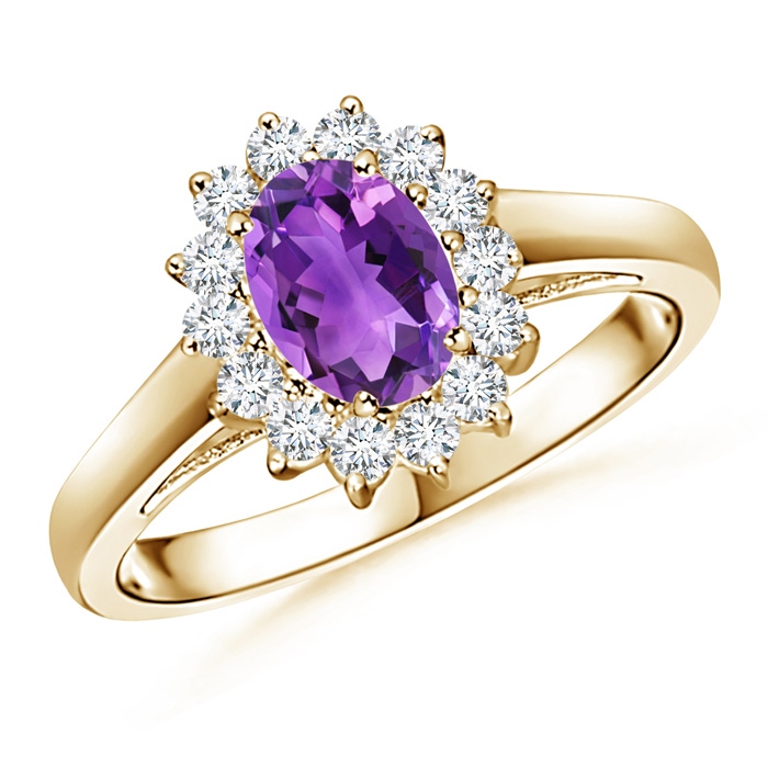 7x5mm AAA Princess Diana Inspired Amethyst Ring with Diamond Halo in Yellow Gold