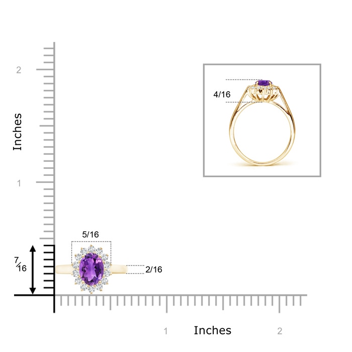 7x5mm AAA Princess Diana Inspired Amethyst Ring with Diamond Halo in Yellow Gold ruler