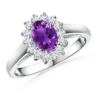 7x5mm AAAA Princess Diana Inspired Amethyst Ring with Diamond Halo in P950 Platinum
