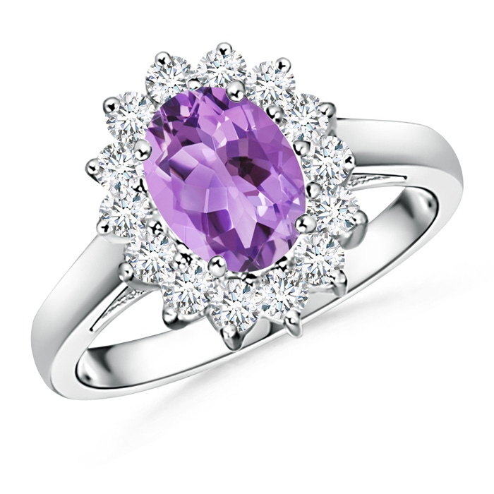8x6mm A Princess Diana Inspired Amethyst Ring with Diamond Halo in White Gold 