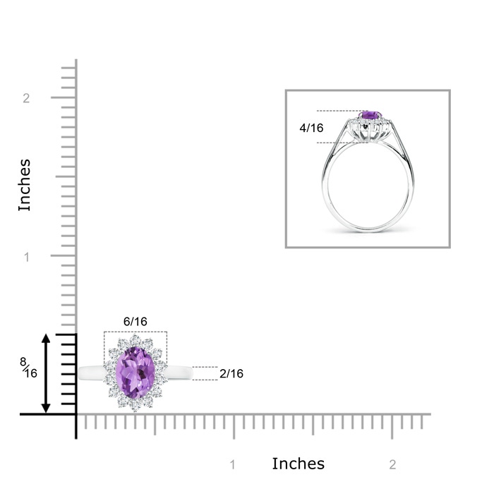 8x6mm A Princess Diana Inspired Amethyst Ring with Diamond Halo in White Gold ruler