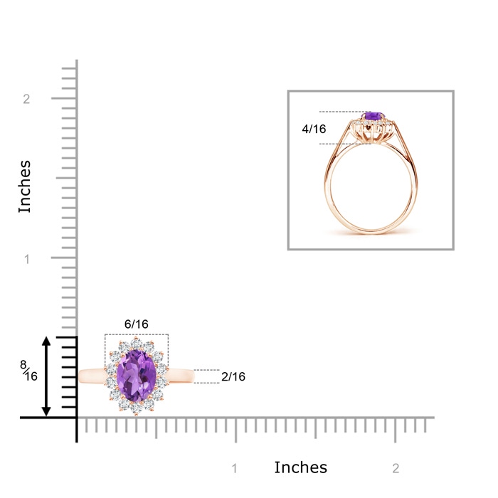 8x6mm AA Princess Diana Inspired Amethyst Ring with Diamond Halo in Rose Gold ruler