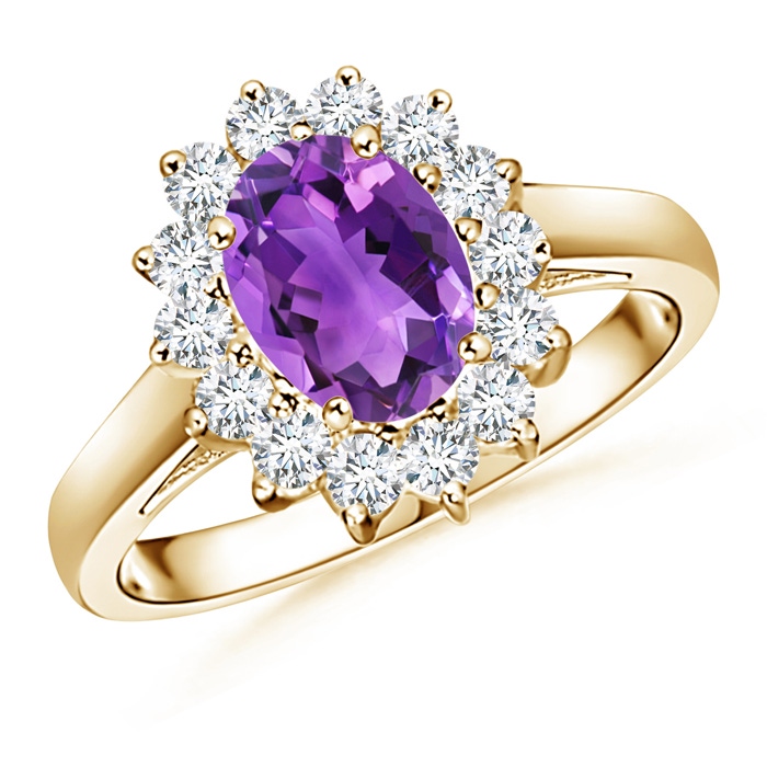 8x6mm AAA Princess Diana Inspired Amethyst Ring with Diamond Halo in 10K Yellow Gold 