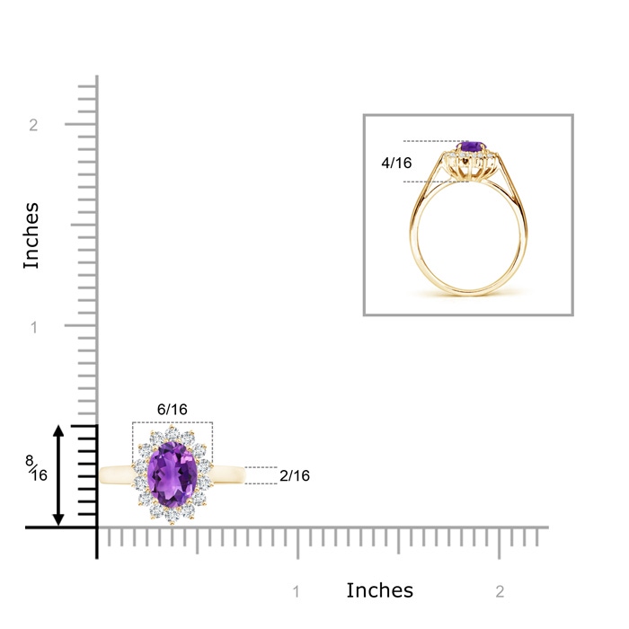 8x6mm AAA Princess Diana Inspired Amethyst Ring with Diamond Halo in 10K Yellow Gold Ruler