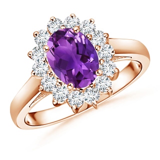 8x6mm AAAA Princess Diana Inspired Amethyst Ring with Diamond Halo in Rose Gold
