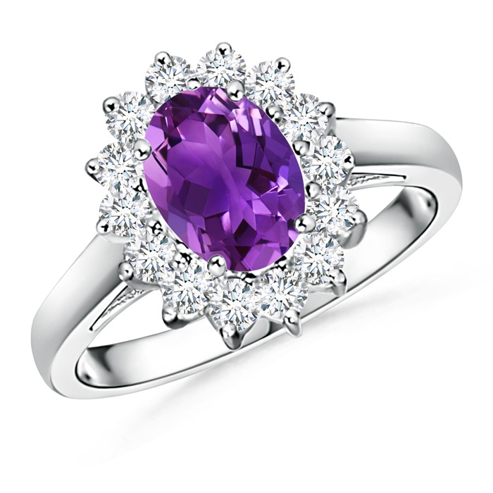 8x6mm AAAA Princess Diana Inspired Amethyst Ring with Diamond Halo in White Gold
