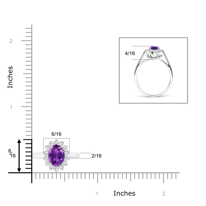 8x6mm AAAA Princess Diana Inspired Amethyst Ring with Diamond Halo in White Gold Ruler