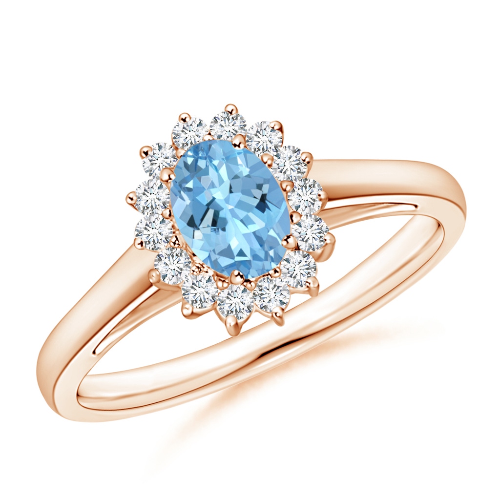 6x4mm AAAA Princess Diana Inspired Aquamarine Ring with Diamond Halo in Rose Gold