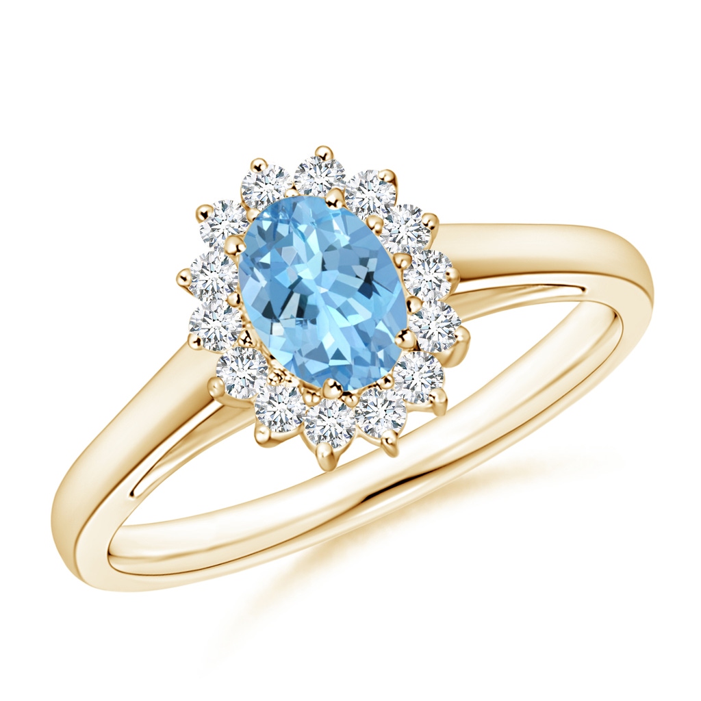 6x4mm AAAA Princess Diana Inspired Aquamarine Ring with Diamond Halo in Yellow Gold