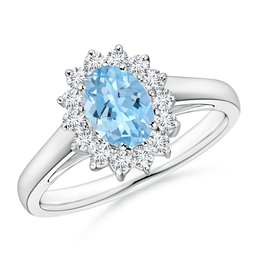 7x5mm AAAA Princess Diana Inspired Aquamarine Ring with Diamond Halo in White Gold