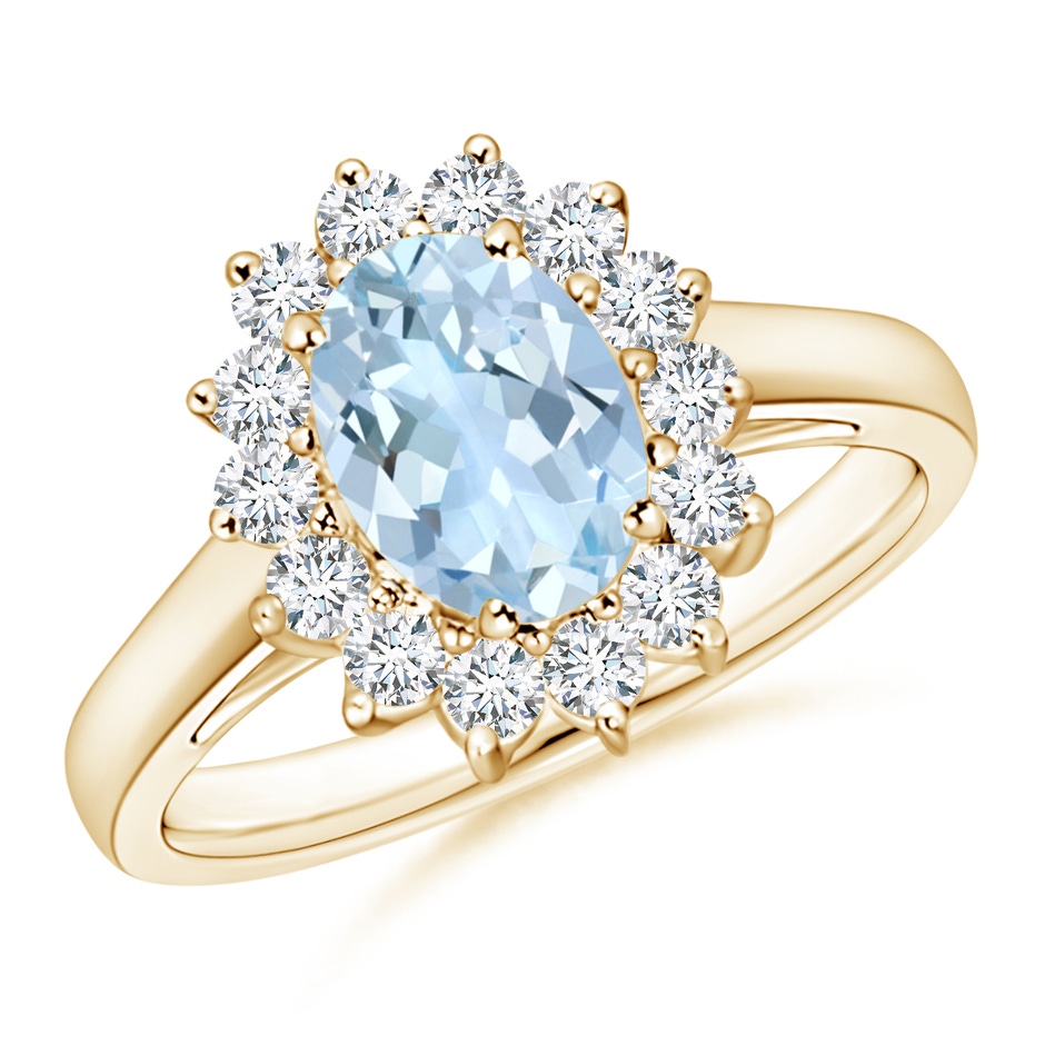 8x6mm AA Princess Diana Inspired Aquamarine Ring with Diamond Halo in 18K Yellow Gold 