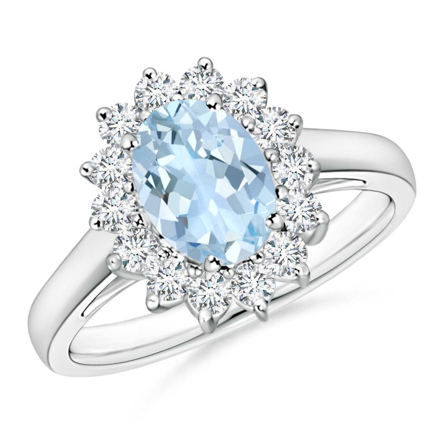 8x6mm AA Princess Diana Inspired Aquamarine Ring with Diamond Halo in P950 Platinum