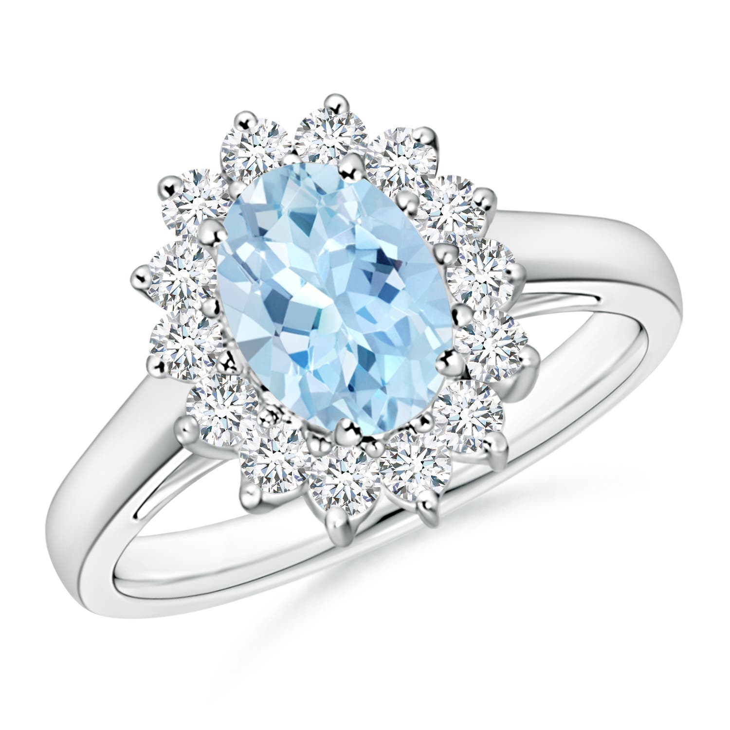 8x6mm AAA Princess Diana Inspired Aquamarine Ring with Diamond Halo in 18K White Gold
