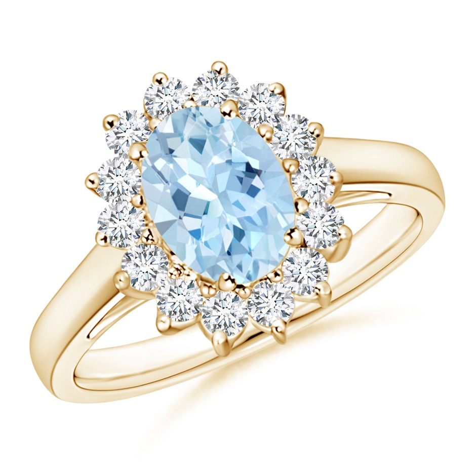 8x6mm AAA Princess Diana Inspired Aquamarine Ring with Diamond Halo in Yellow Gold 