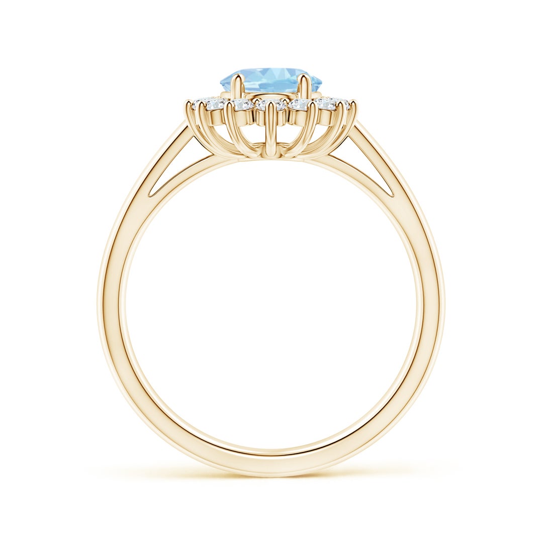 8x6mm AAA Princess Diana Inspired Aquamarine Ring with Diamond Halo in Yellow Gold - side 3