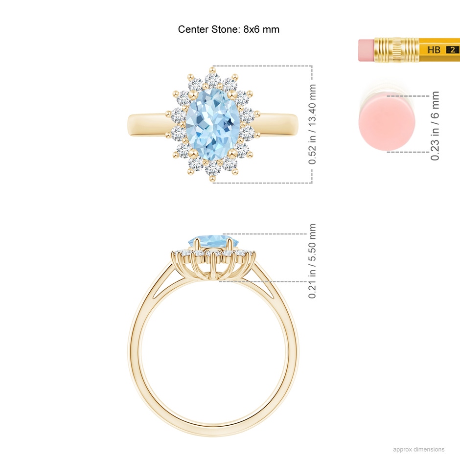 8x6mm AAA Princess Diana Inspired Aquamarine Ring with Diamond Halo in Yellow Gold ruler