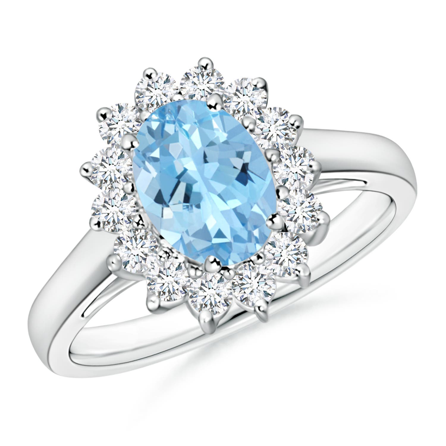 8x6mm AAAA Princess Diana Inspired Aquamarine Ring with Diamond Halo in 18CT White Gold