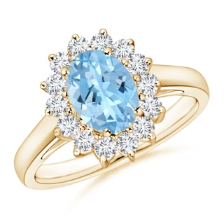 8x6mm AAAA Princess Diana Inspired Aquamarine Ring with Diamond Halo in Yellow Gold