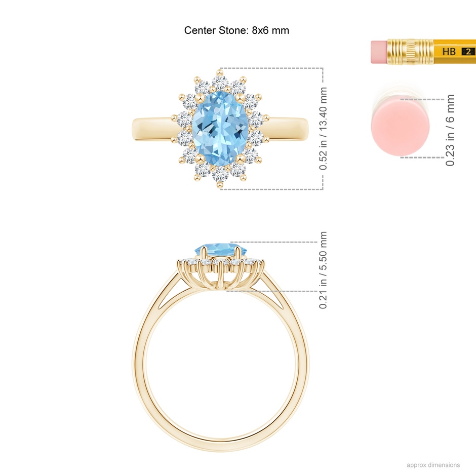 8x6mm AAAA Princess Diana Inspired Aquamarine Ring with Diamond Halo in Yellow Gold ruler