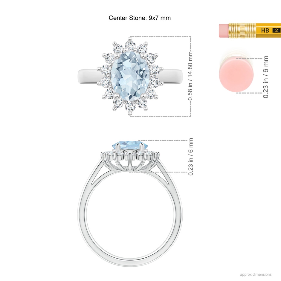 9x7mm A Princess Diana Inspired Aquamarine Ring with Diamond Halo in 18K White Gold ruler