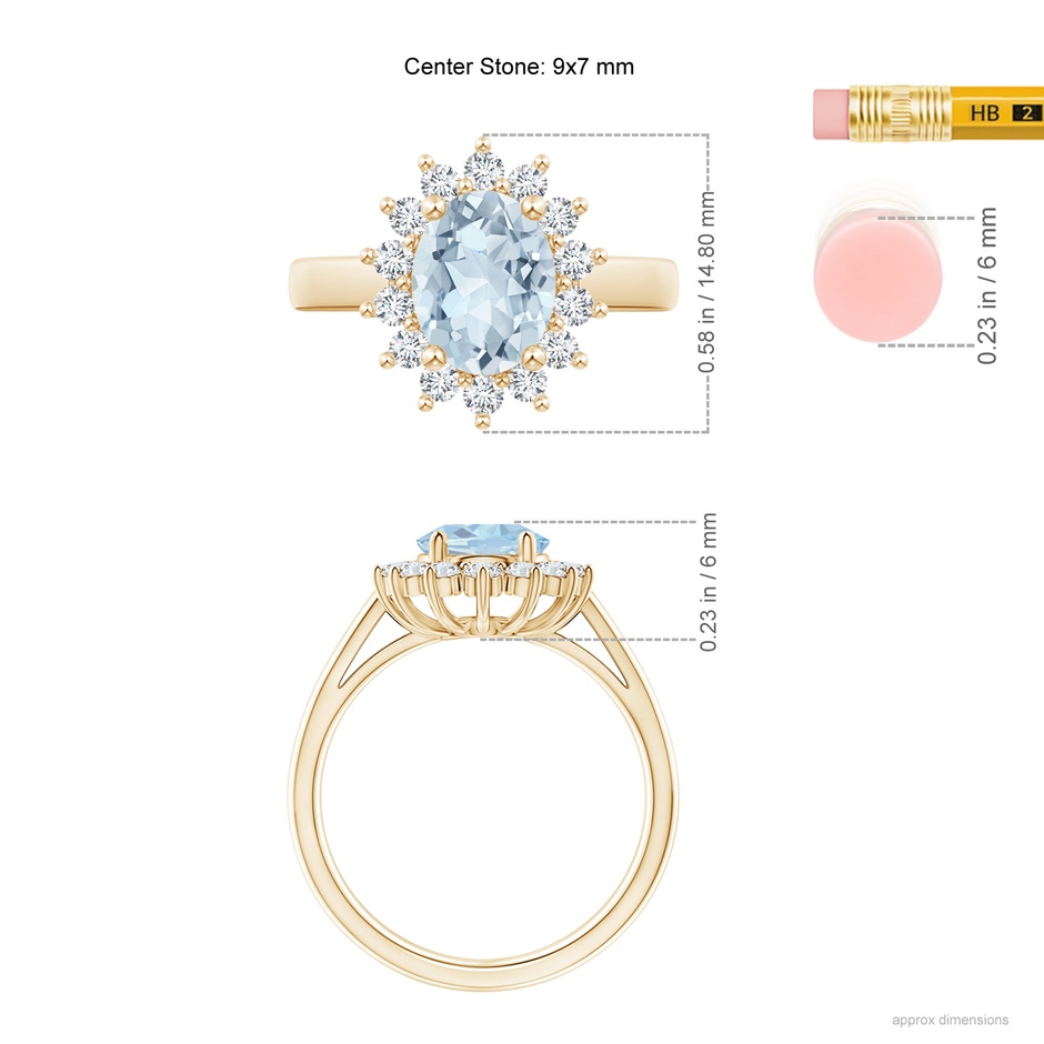 9x7mm A Princess Diana Inspired Aquamarine Ring with Diamond Halo in 18K Yellow Gold ruler