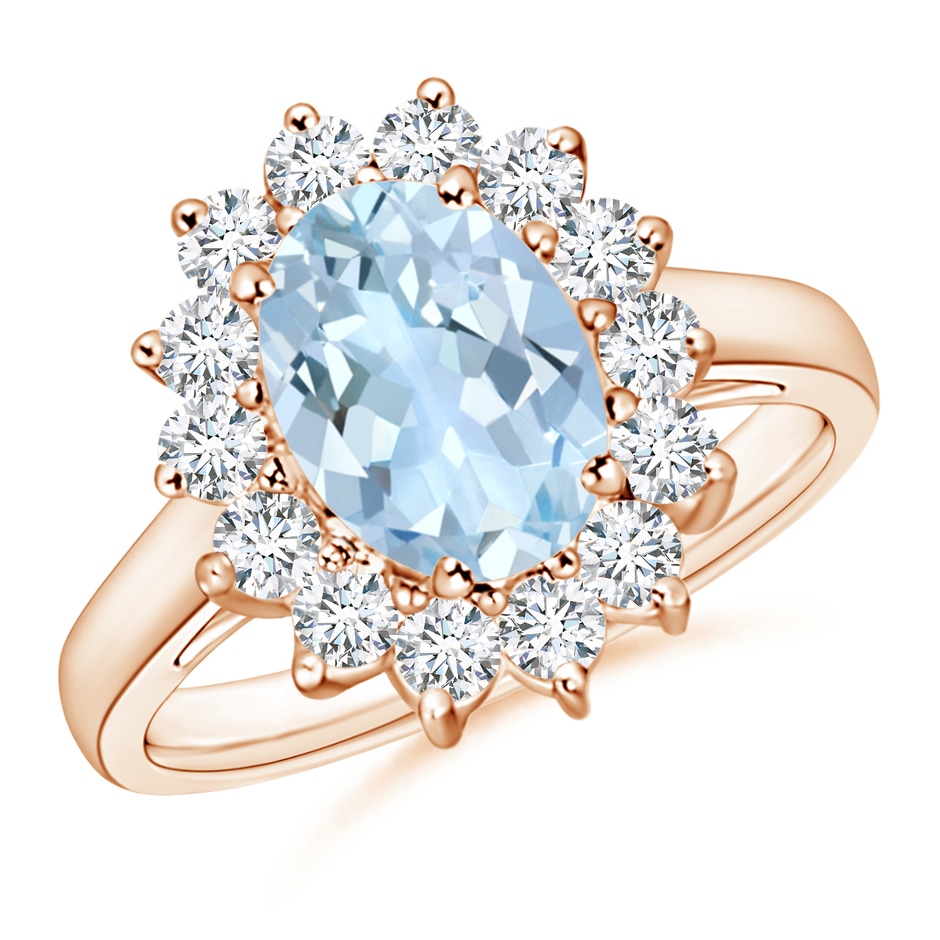 9x7mm AA Princess Diana Inspired Aquamarine Ring with Diamond Halo in 18K Rose Gold 