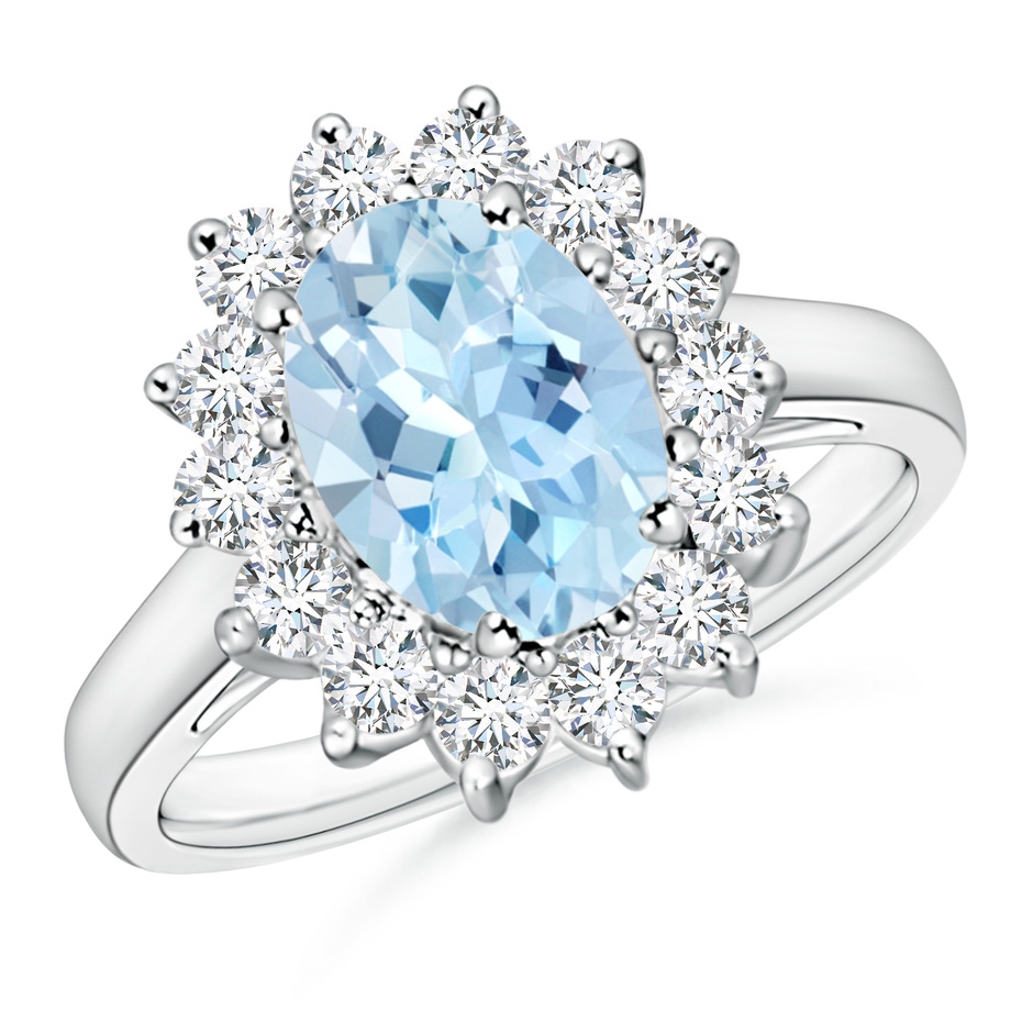 9x7mm AAA Princess Diana Inspired Aquamarine Ring with Diamond Halo in 18K White Gold 