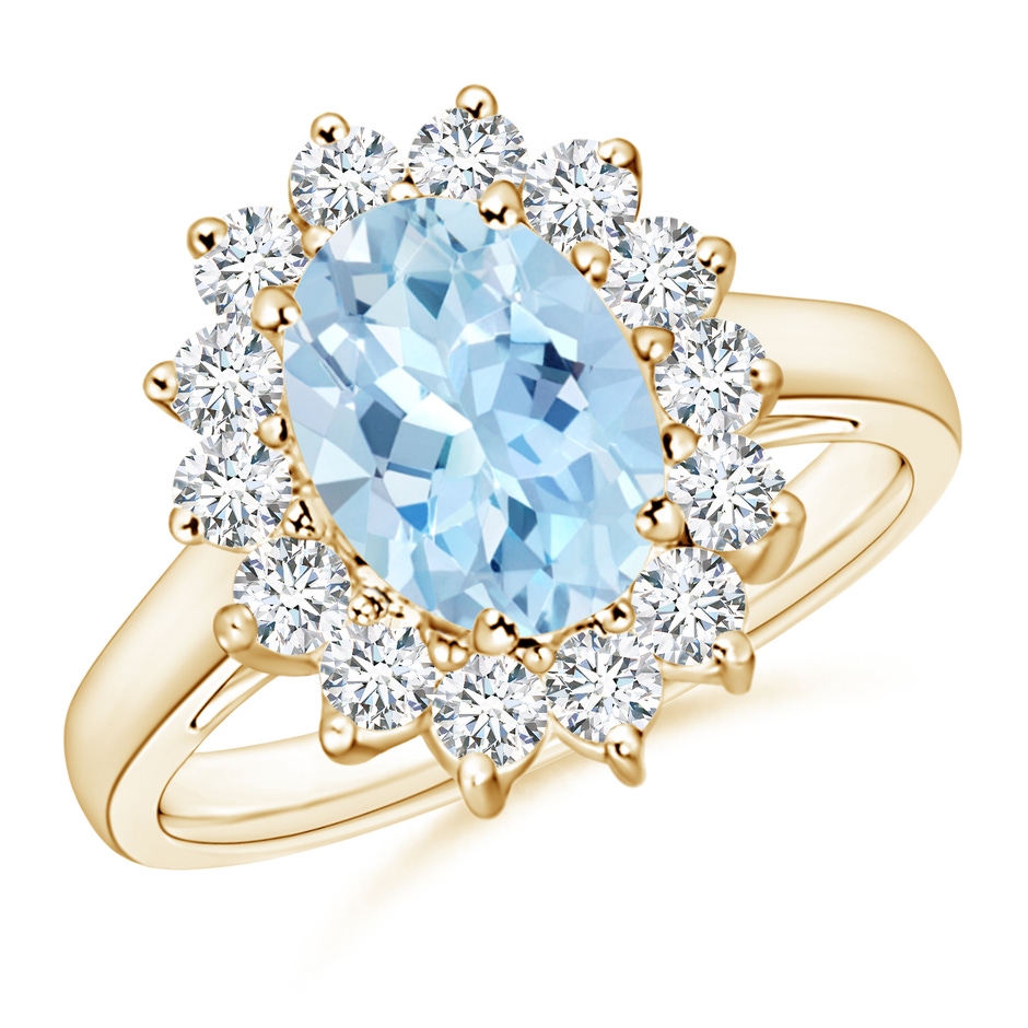 9x7mm AAA Princess Diana Inspired Aquamarine Ring with Diamond Halo in 18K Yellow Gold 