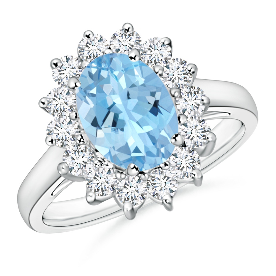 9x7mm AAAA Princess Diana Inspired Aquamarine Ring with Diamond Halo in P950 Platinum 