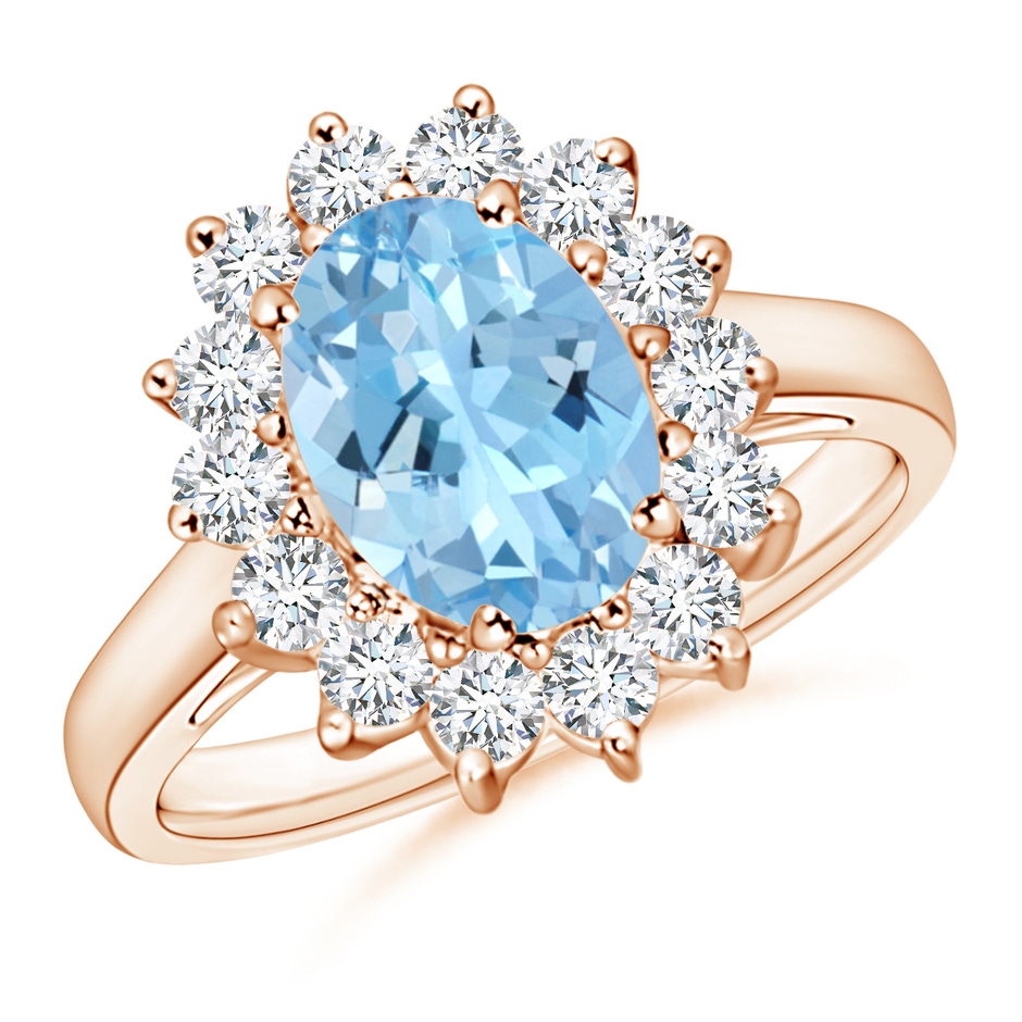 9x7mm AAAA Princess Diana Inspired Aquamarine Ring with Diamond Halo in Rose Gold 