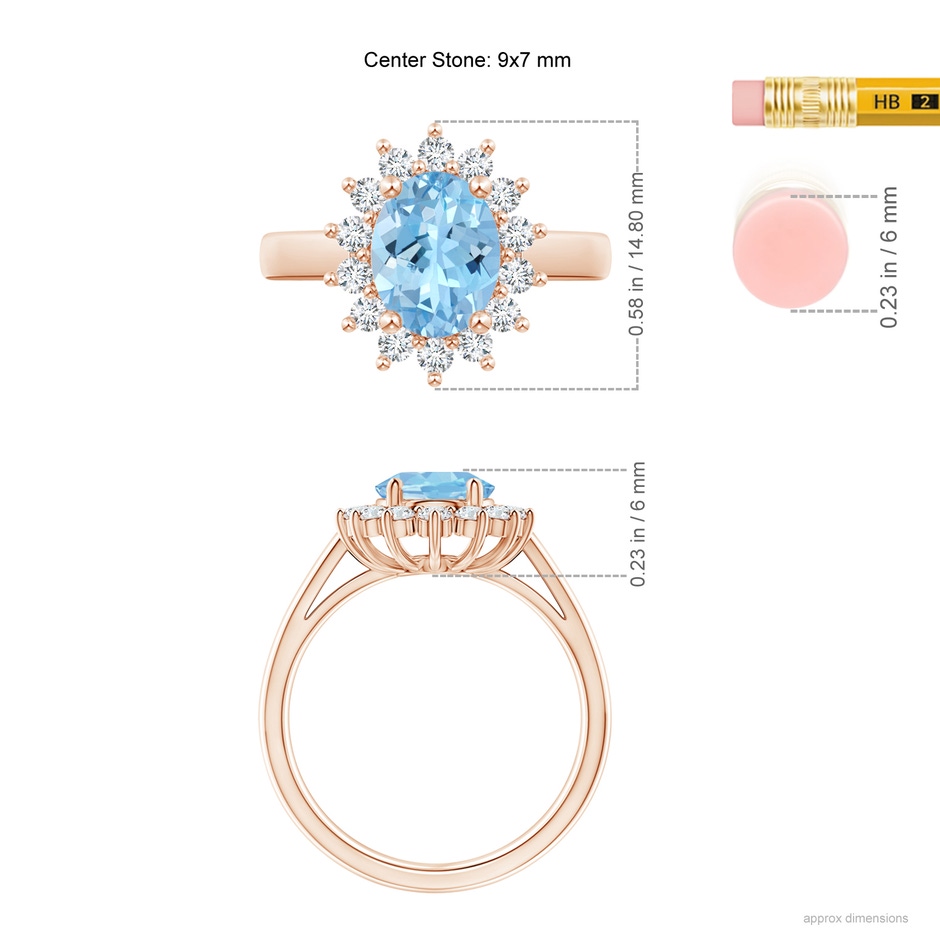 9x7mm AAAA Princess Diana Inspired Aquamarine Ring with Diamond Halo in Rose Gold ruler