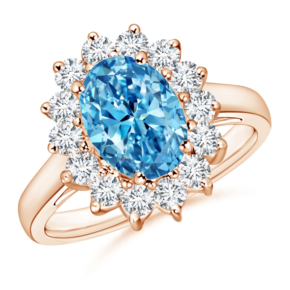 9x7mm AAAA Princess Diana Inspired Fancy Intense Blue Diamond Ring with Halo in Rose Gold 