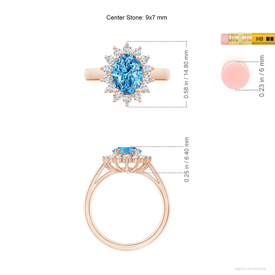 9x7mm AAAA Princess Diana Inspired Fancy Intense Blue Diamond Ring with Halo in Rose Gold ruler