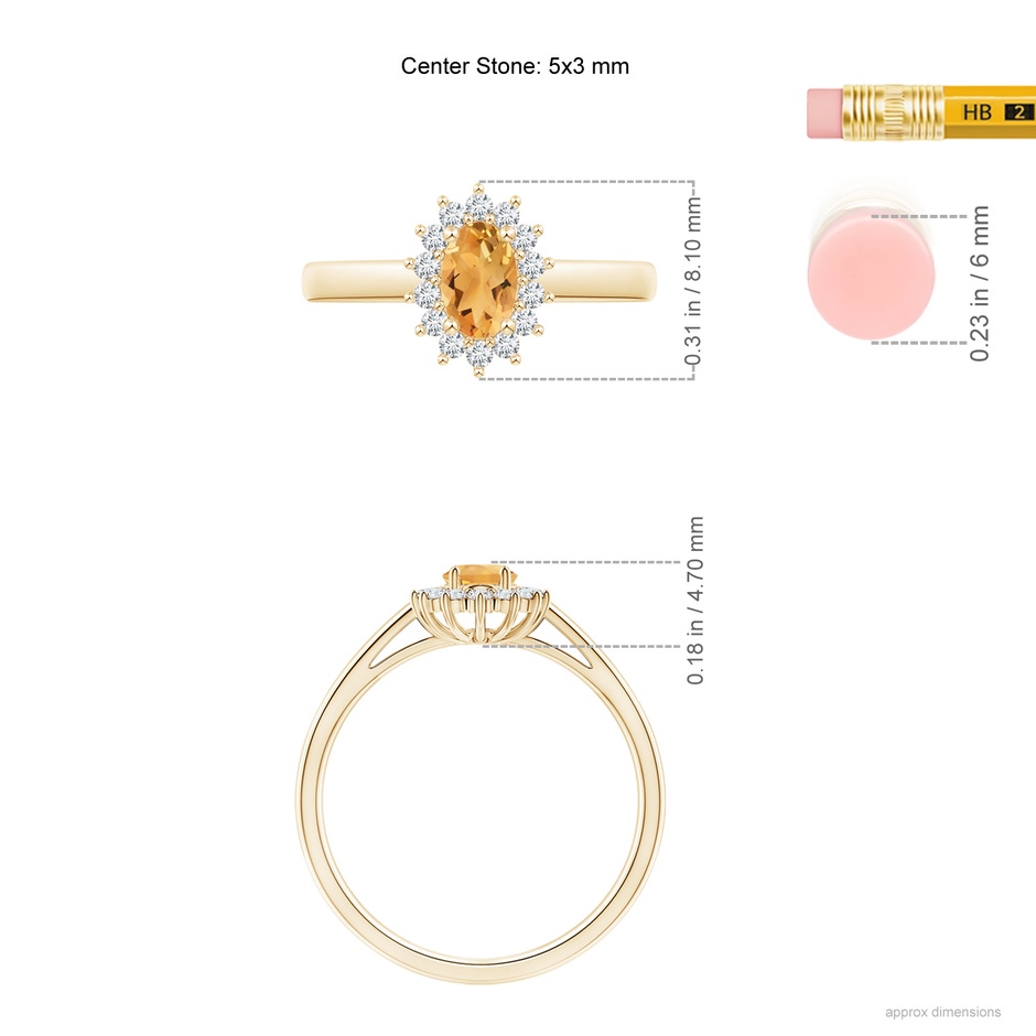 5x3mm A Princess Diana Inspired Citrine Ring with Diamond Halo in Yellow Gold ruler