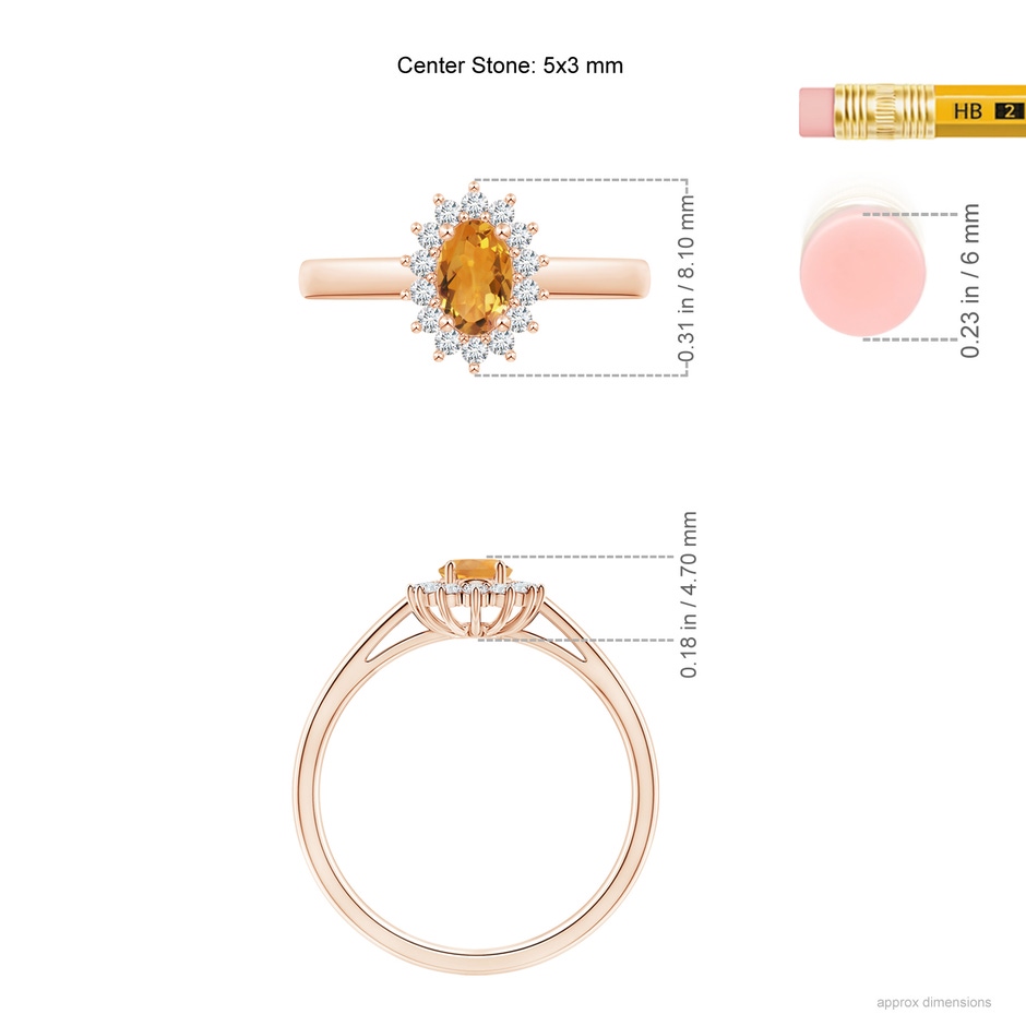 5x3mm AA Princess Diana Inspired Citrine Ring with Diamond Halo in Rose Gold ruler