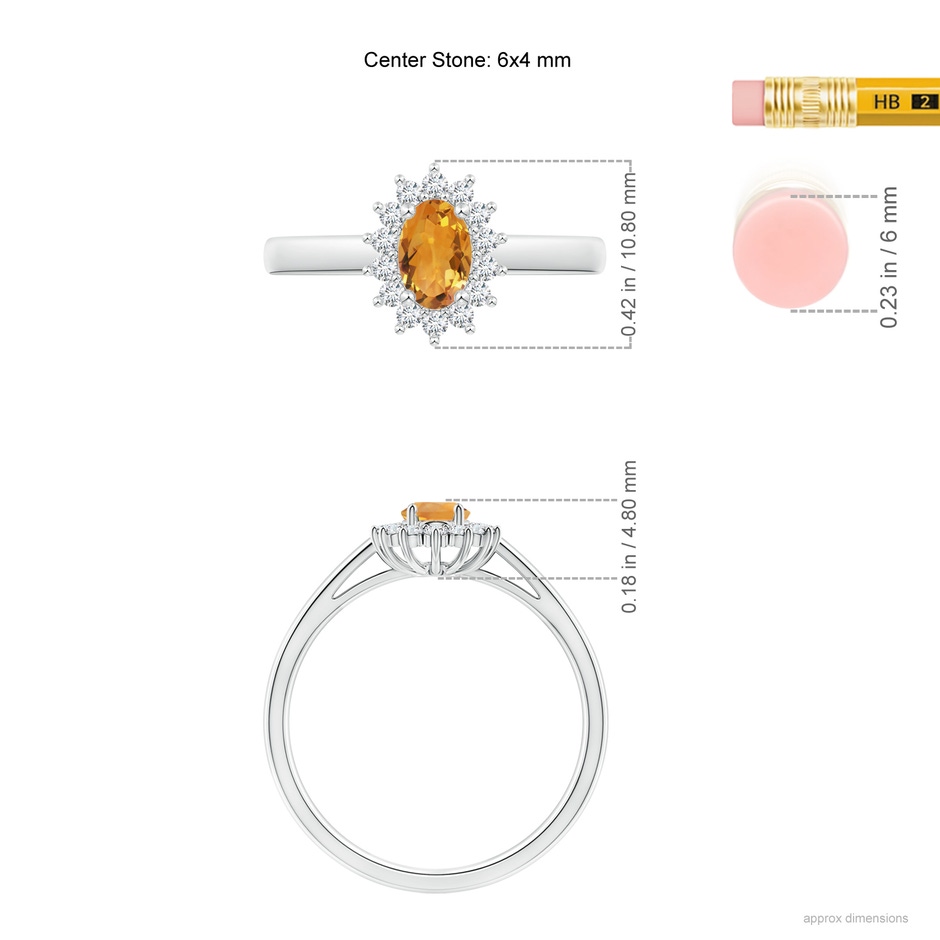 6x4mm AA Princess Diana Inspired Citrine Ring with Diamond Halo in White Gold ruler