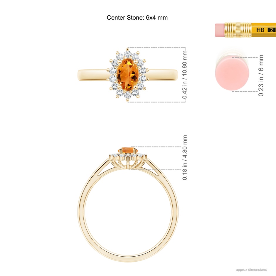 6x4mm AAA Princess Diana Inspired Citrine Ring with Diamond Halo in Yellow Gold ruler