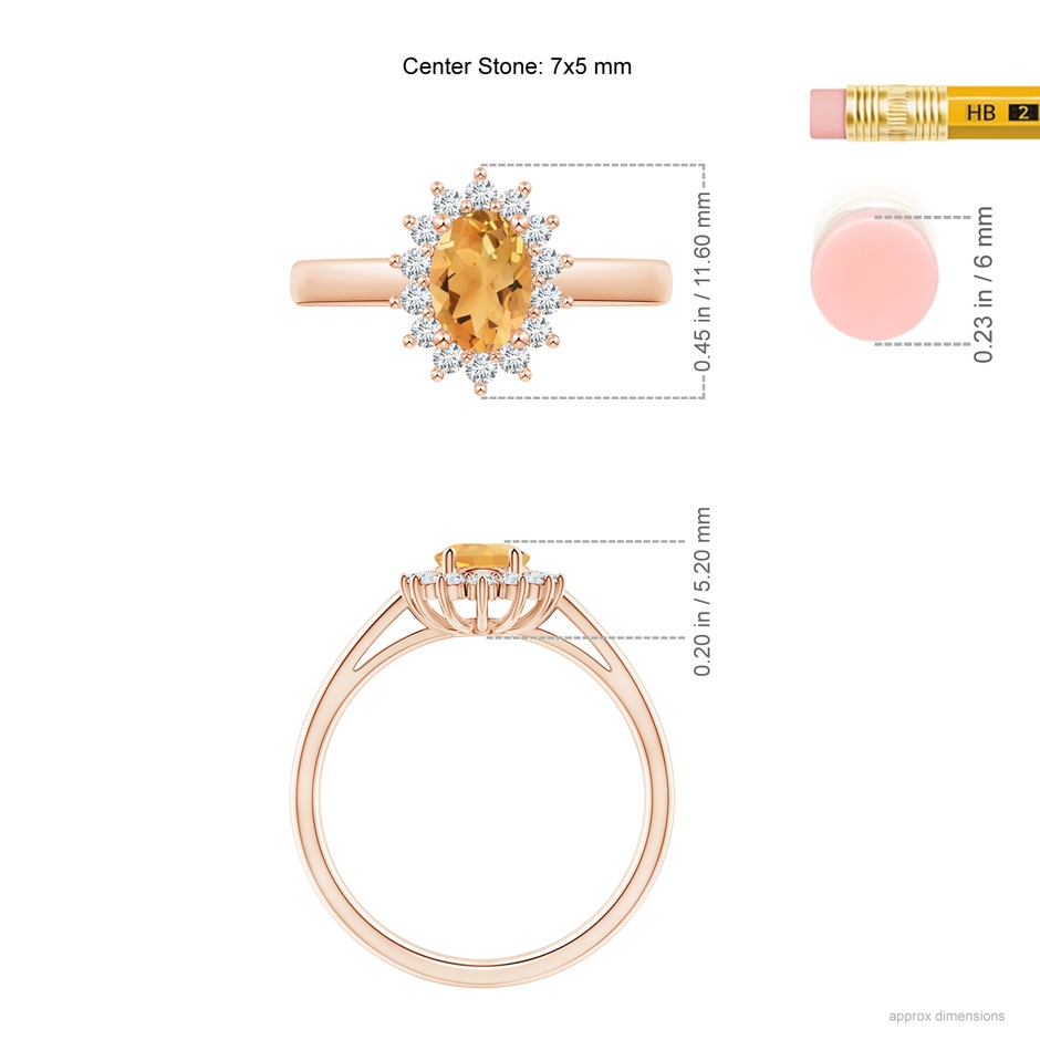 7x5mm A Princess Diana Inspired Citrine Ring with Diamond Halo in Rose Gold ruler
